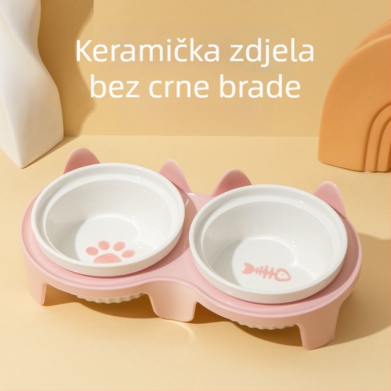 Keramička posuda za mačke s dvostrukim odjelom za vodu i hranu, anti-tip dizajn, nagnut otvor, integrirana potpora za vrat.
