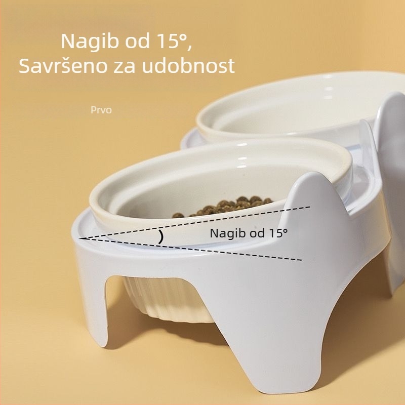 Keramička posuda za mačke s dvostrukim odjelom za vodu i hranu, anti-tip dizajn, nagnut otvor, integrirana potpora za vrat.
