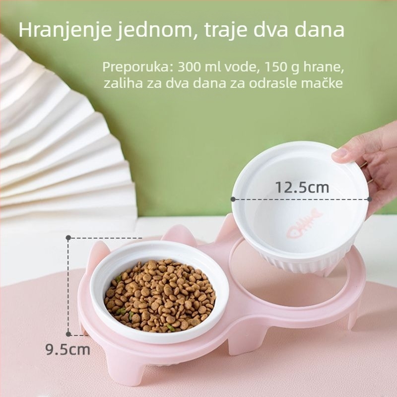 Keramička posuda za mačke s dvostrukim odjelom za vodu i hranu, anti-tip dizajn, nagnut otvor, integrirana potpora za vrat.