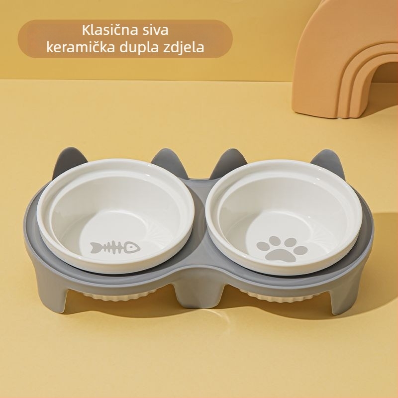 Keramička posuda za mačke s dvostrukim odjelom za vodu i hranu, anti-tip dizajn, nagnut otvor, integrirana potpora za vrat.