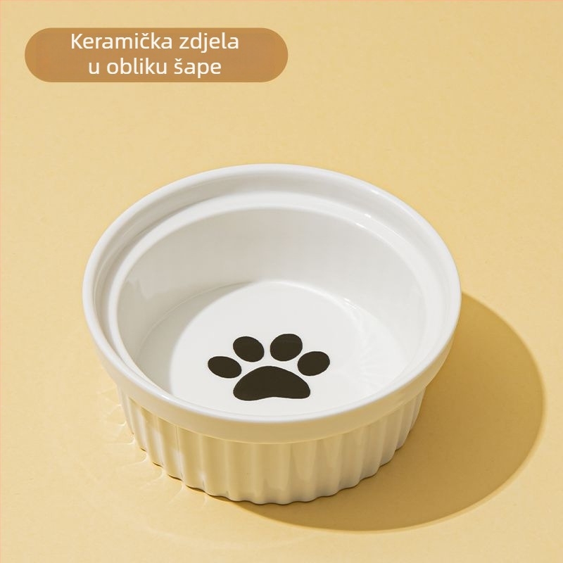 Keramička posuda za mačke s dvostrukim odjelom za vodu i hranu, anti-tip dizajn, nagnut otvor, integrirana potpora za vrat.