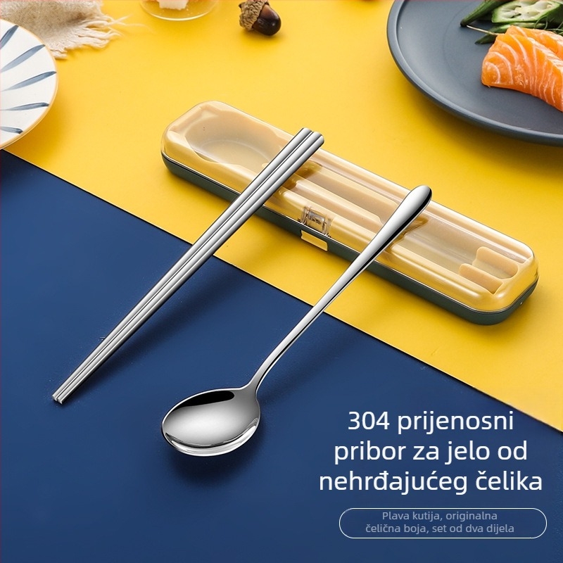 Nova prenosna set posuđa od nehrđajućeg čelika s preklopnim poklopcem – vilica, žlica i štapići za jelo u putnoj kutiji, moguć tisak logotipa