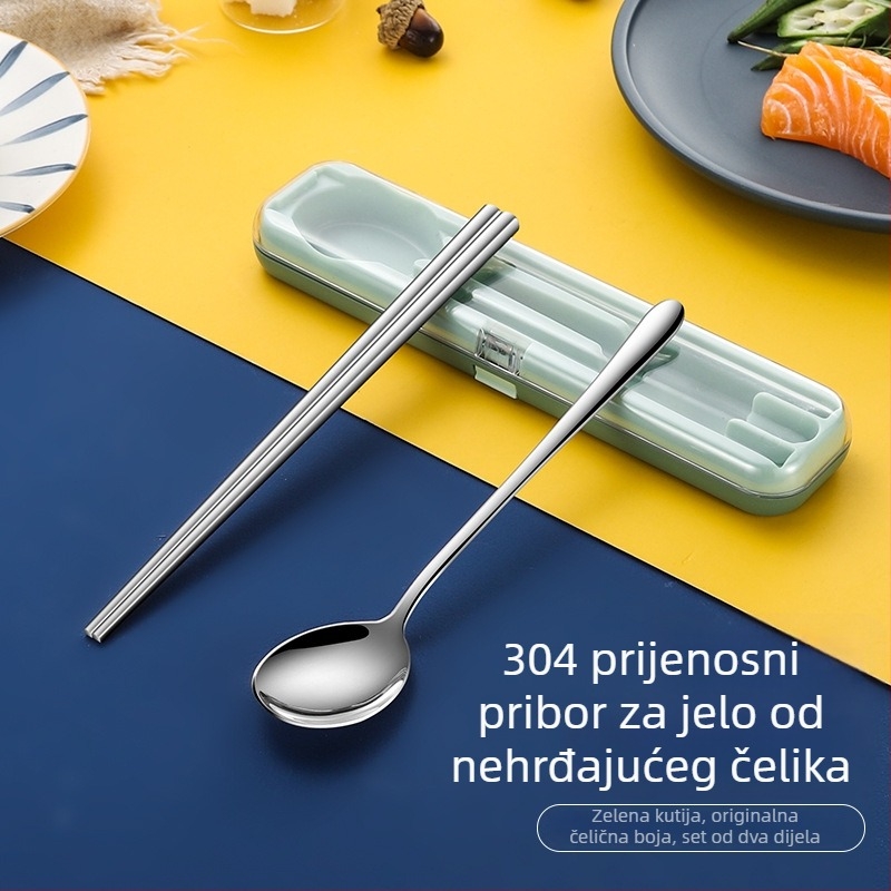 Nova prenosna set posuđa od nehrđajućeg čelika s preklopnim poklopcem – vilica, žlica i štapići za jelo u putnoj kutiji, moguć tisak logotipa