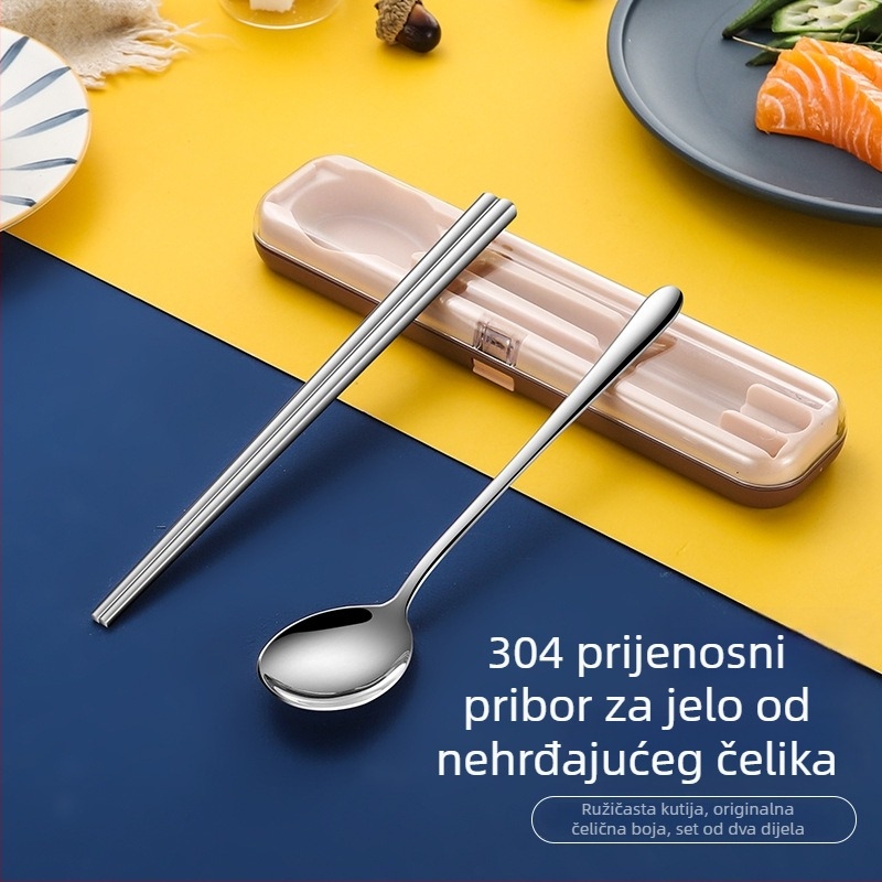 Nova prenosna set posuđa od nehrđajućeg čelika s preklopnim poklopcem – vilica, žlica i štapići za jelo u putnoj kutiji, moguć tisak logotipa