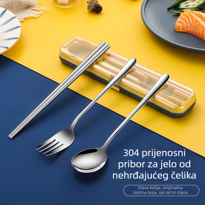 Nova prenosna set posuđa od nehrđajućeg čelika s preklopnim poklopcem – vilica, žlica i štapići za jelo u putnoj kutiji, moguć tisak logotipa