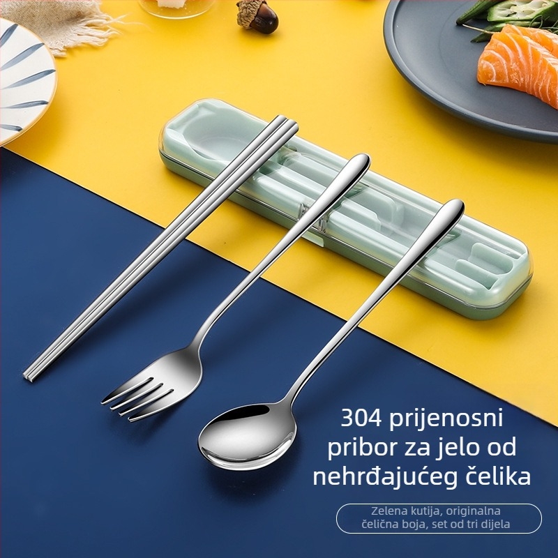 Nova prenosna set posuđa od nehrđajućeg čelika s preklopnim poklopcem – vilica, žlica i štapići za jelo u putnoj kutiji, moguć tisak logotipa