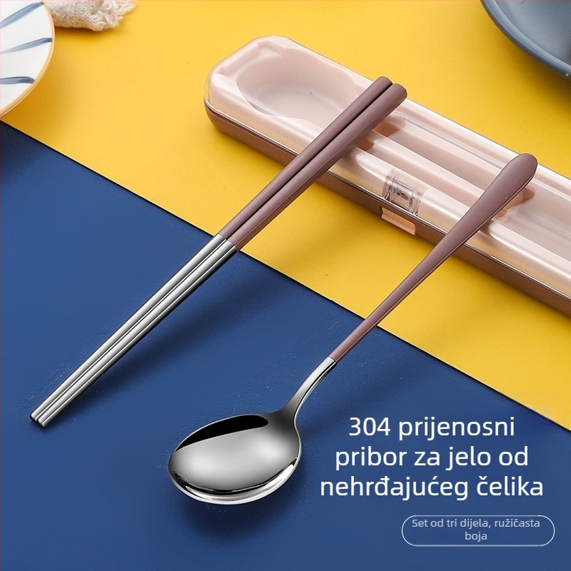 Nova prenosna set posuđa od nehrđajućeg čelika s preklopnim poklopcem – vilica, žlica i štapići za jelo u putnoj kutiji, moguć tisak logotipa