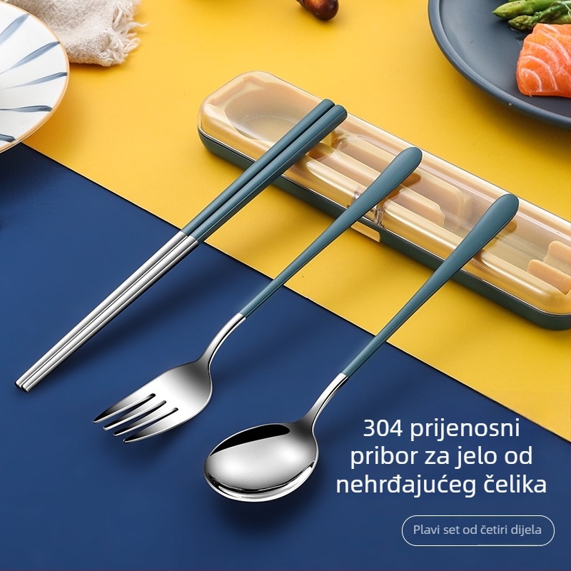 Nova prenosna set posuđa od nehrđajućeg čelika s preklopnim poklopcem – vilica, žlica i štapići za jelo u putnoj kutiji, moguć tisak logotipa