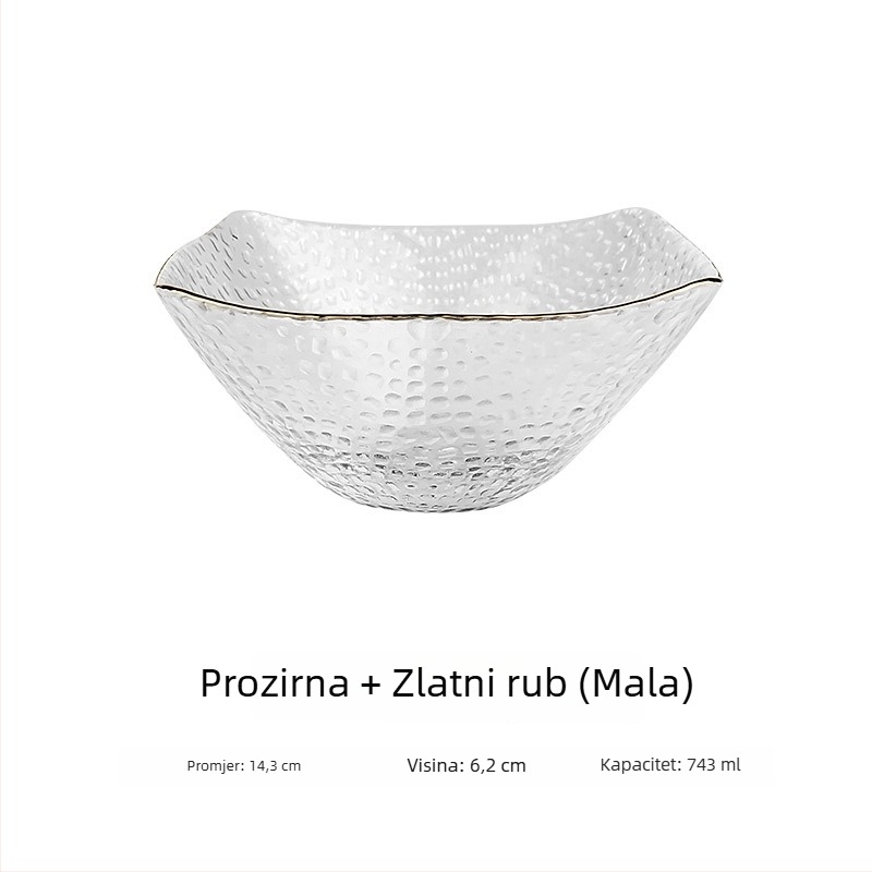 Staklena zdjela za salatu s zlatnim rubom, četvrtasti oblik kapa, japanski stil, za povrće i voće