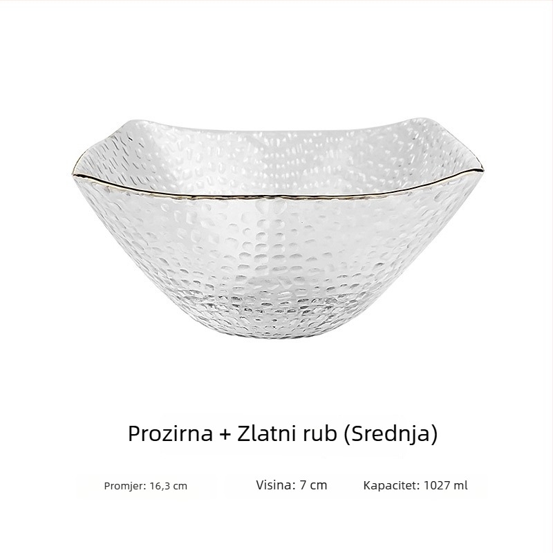 Staklena zdjela za salatu s zlatnim rubom, četvrtasti oblik kapa, japanski stil, za povrće i voće