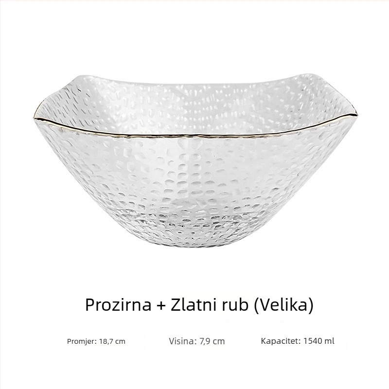 Staklena zdjela za salatu s zlatnim rubom, četvrtasti oblik kapa, japanski stil, za povrće i voće