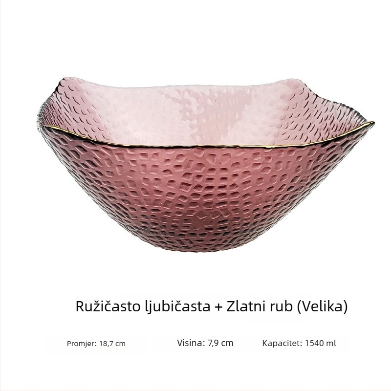 Staklena zdjela za salatu s zlatnim rubom, četvrtasti oblik kapa, japanski stil, za povrće i voće