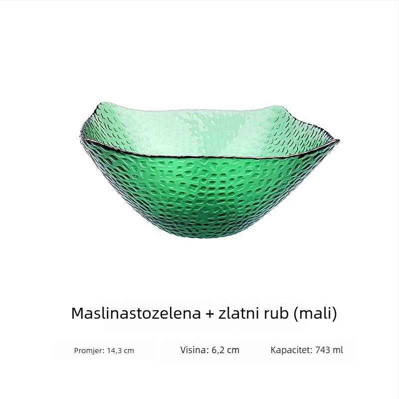 Staklena zdjela za salatu s zlatnim rubom, četvrtasti oblik kapa, japanski stil, za povrće i voće