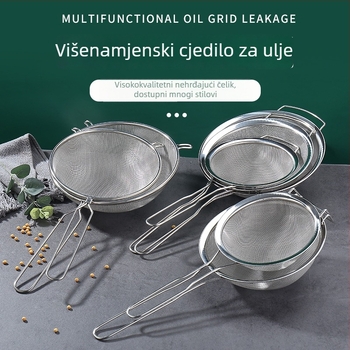 Colander od nehrđajućeg čelika 201 s gusto mrežom, dvostrukim ručkama, odjeljivačem ulja i sitom za brašno, široki rub