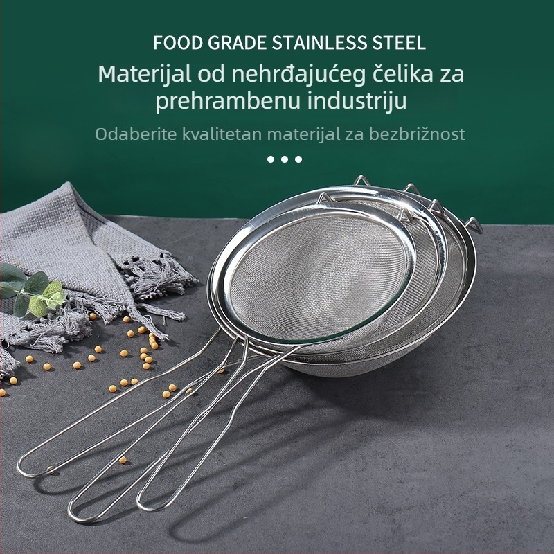 Colander od nehrđajućeg čelika 201 s gusto mrežom, dvostrukim ručkama, odjeljivačem ulja i sitom za brašno, široki rub