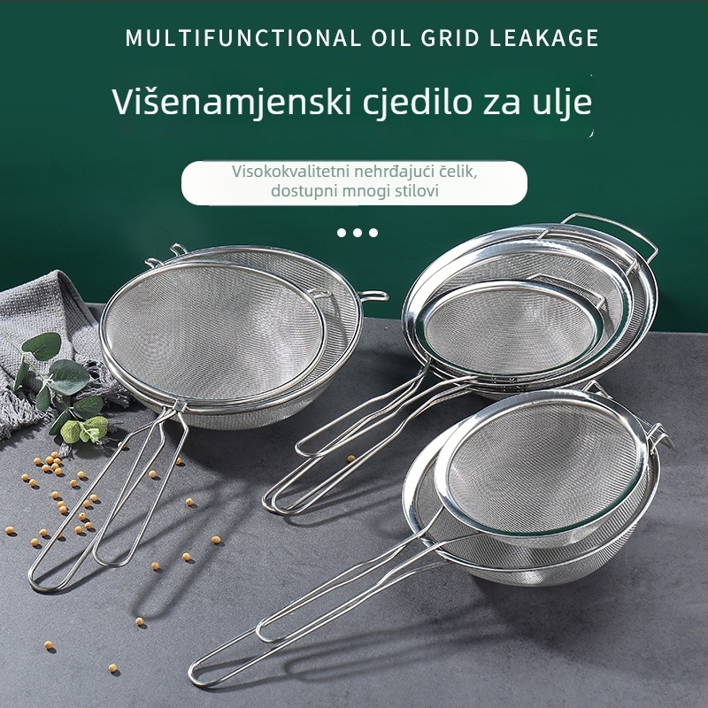 Colander od nehrđajućeg čelika 201 s gusto mrežom, dvostrukim ručkama, odjeljivačem ulja i sitom za brašno, široki rub