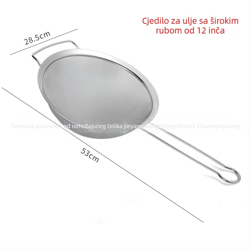 Colander od nehrđajućeg čelika 201 s gusto mrežom, dvostrukim ručkama, odjeljivačem ulja i sitom za brašno, široki rub