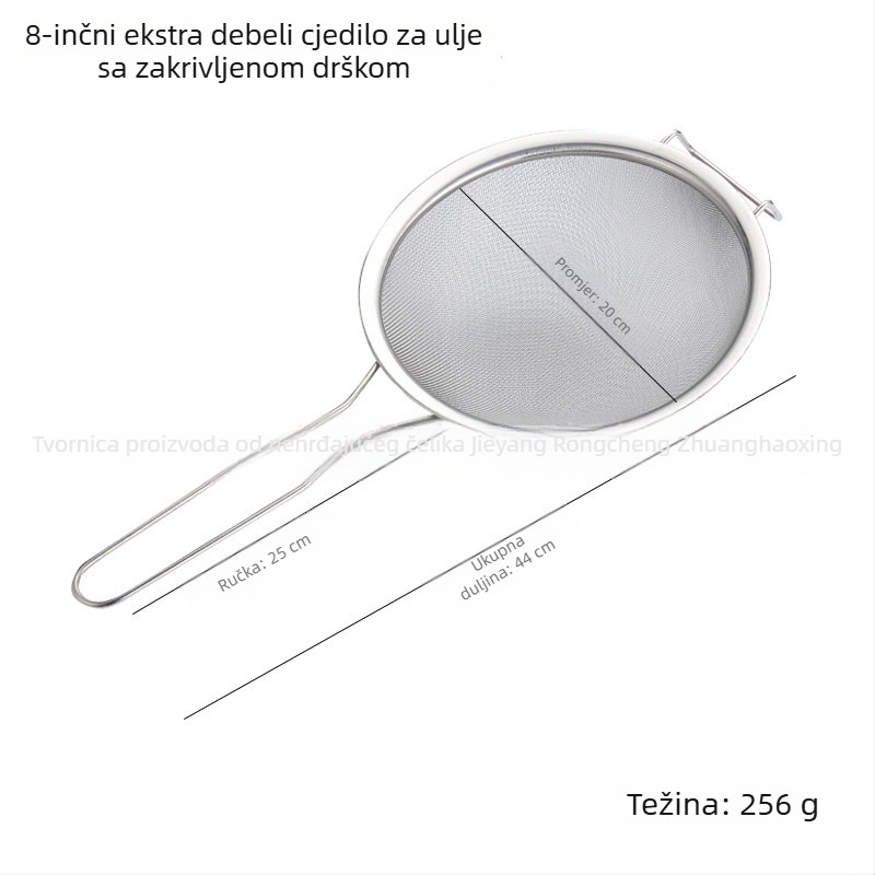 Colander od nehrđajućeg čelika 201 s gusto mrežom, dvostrukim ručkama, odjeljivačem ulja i sitom za brašno, široki rub