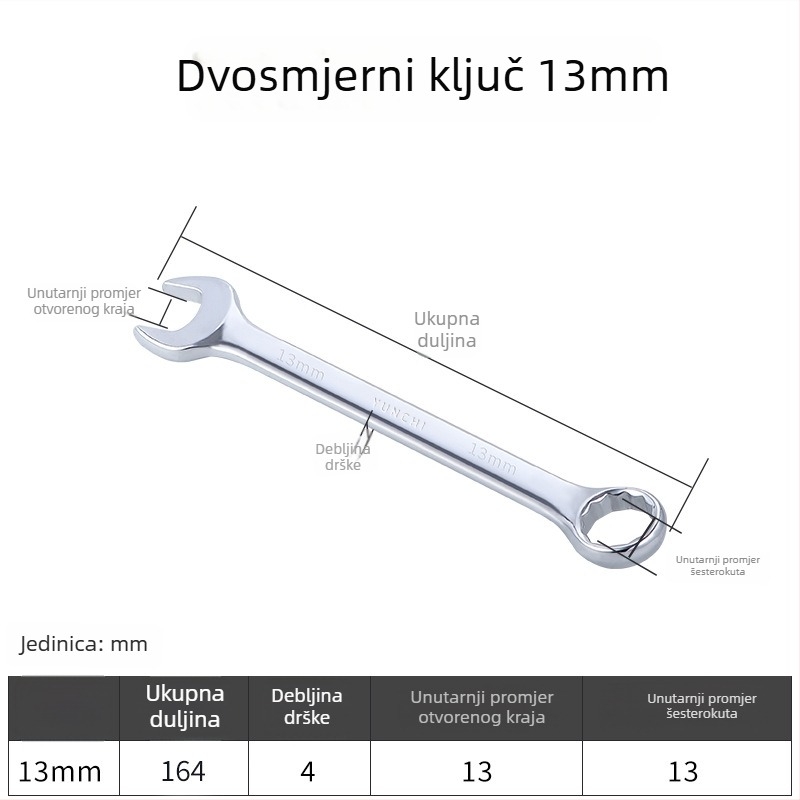 Dvostruki ključ s dvostrukom glavom, ručni ključ, 13 mm, kombinirani ključ s otvorenim krajem, ogledni završetak, čelik 45#