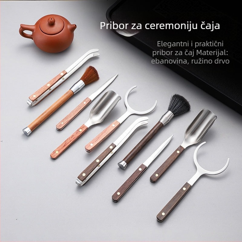 Šestodjelni Gongfu set za čajnu ceremoniju od nehrđajućeg čelika sa sandalovim drvetom, uključuje čajne kliješta, čajne šalice, pincetu, pero za održavanje čajnike i dodatke Gongfu čaju.