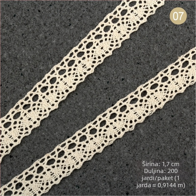 Prirodna bež boje čipka od pamuka, etno stil, širine 1,5–2,5 cm i 3 cm