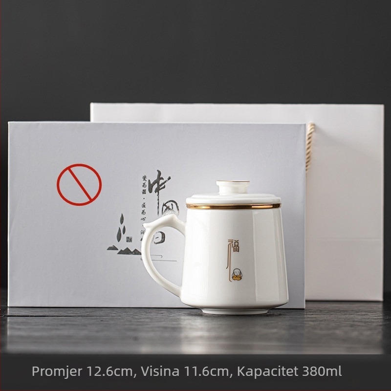 Bijela porcelanska šalica za čaj s poklopcem i ugrađenim filtrima