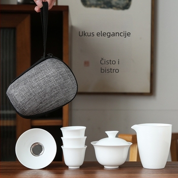 Bijeli porcelanski kungfu čajni set za putovanje s prijenosnom torbom, uključuje jednu zdjelicu i četiri staklene šalice, poklon uz mogućnost graviranja logotipa