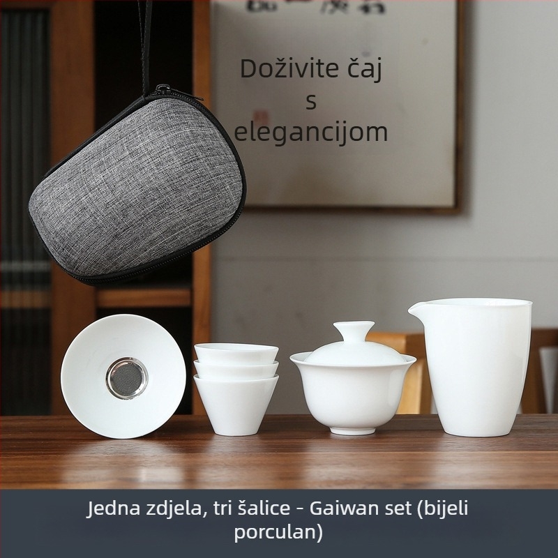 Bijeli porcelanski kungfu čajni set za putovanje s prijenosnom torbom, uključuje jednu zdjelicu i četiri staklene šalice, poklon uz mogućnost graviranja logotipa