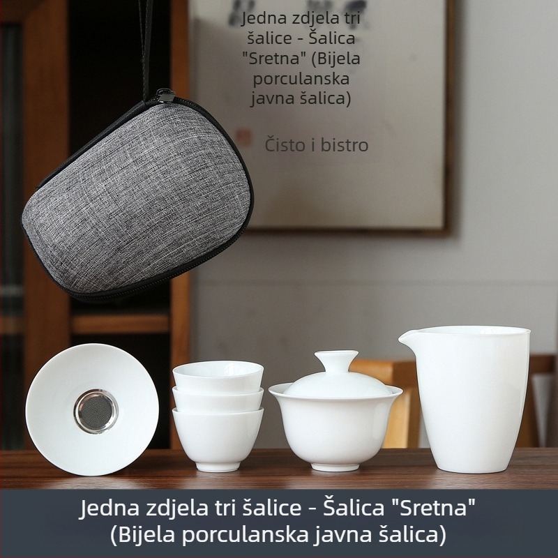 Bijeli porcelanski kungfu čajni set za putovanje s prijenosnom torbom, uključuje jednu zdjelicu i četiri staklene šalice, poklon uz mogućnost graviranja logotipa