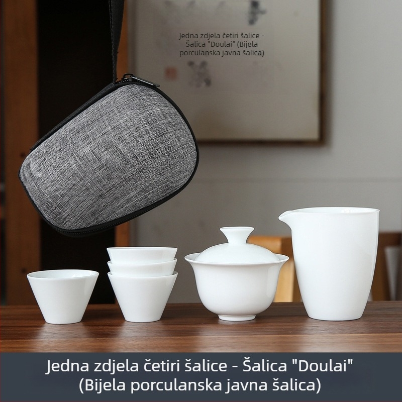Bijeli porcelanski kungfu čajni set za putovanje s prijenosnom torbom, uključuje jednu zdjelicu i četiri staklene šalice, poklon uz mogućnost graviranja logotipa