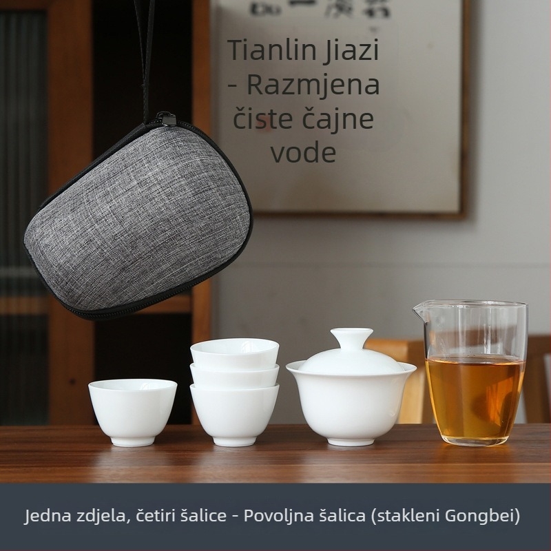 Bijeli porcelanski kungfu čajni set za putovanje s prijenosnom torbom, uključuje jednu zdjelicu i četiri staklene šalice, poklon uz mogućnost graviranja logotipa