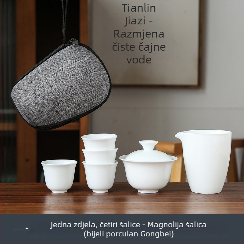 Bijeli porcelanski kungfu čajni set za putovanje s prijenosnom torbom, uključuje jednu zdjelicu i četiri staklene šalice, poklon uz mogućnost graviranja logotipa