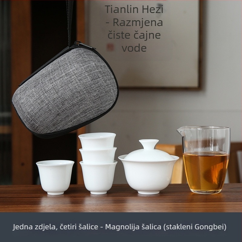 Bijeli porcelanski kungfu čajni set za putovanje s prijenosnom torbom, uključuje jednu zdjelicu i četiri staklene šalice, poklon uz mogućnost graviranja logotipa