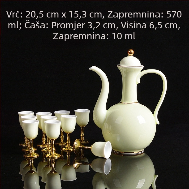 Porcelanski bijeli set za vino s antiknim dispenzerom, malom čašom i keramičkom karafom – vrhunski dar za dom