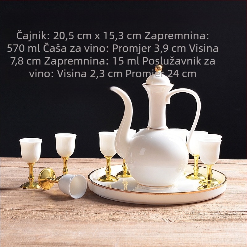 Porcelanski bijeli set za vino s antiknim dispenzerom, malom čašom i keramičkom karafom – vrhunski dar za dom