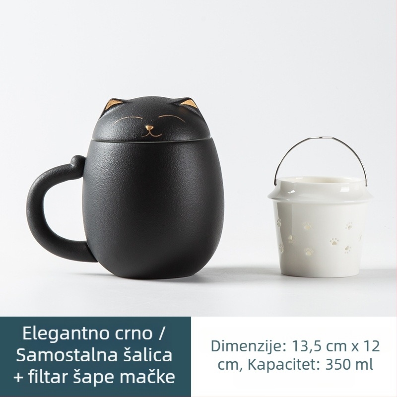 Keramička šalica za čaj sa poklopcem i filtrom, velik kapacitet, Sretna mačka, suvenir dar
