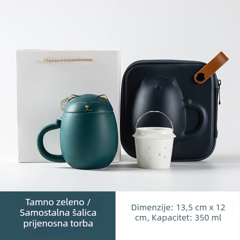 Keramička šalica za čaj sa poklopcem i filtrom, velik kapacitet, Sretna mačka, suvenir dar