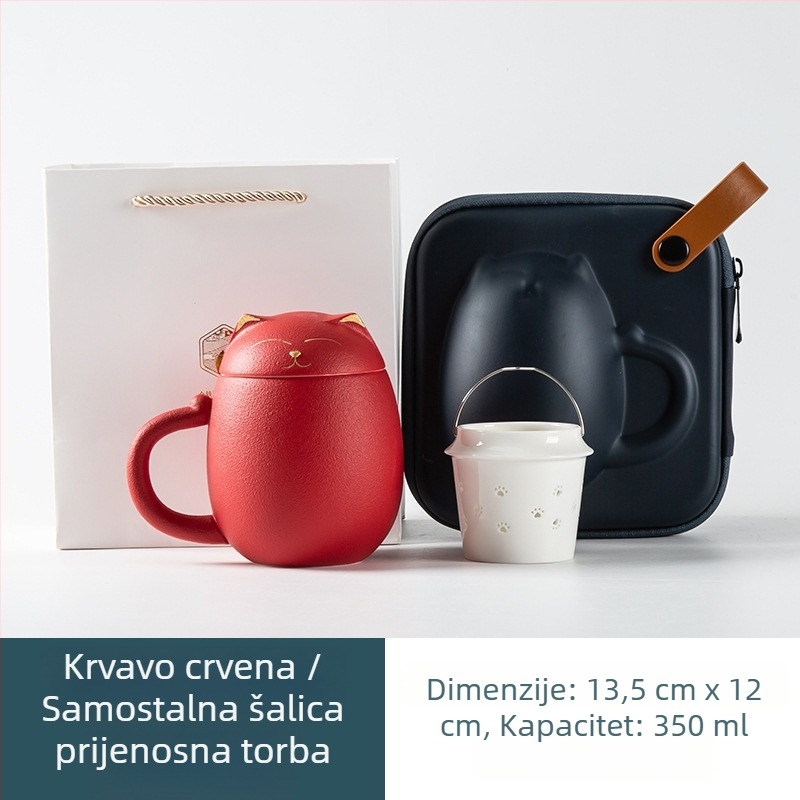 Keramička šalica za čaj sa poklopcem i filtrom, velik kapacitet, Sretna mačka, suvenir dar