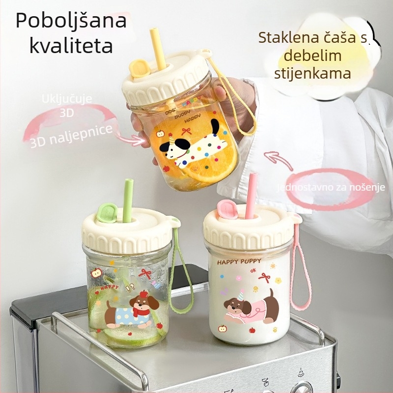 Staklena čaša za piće velikog kapaciteta, razdvajanje čaja i vode, slamka, poklopac, sladak dizajn