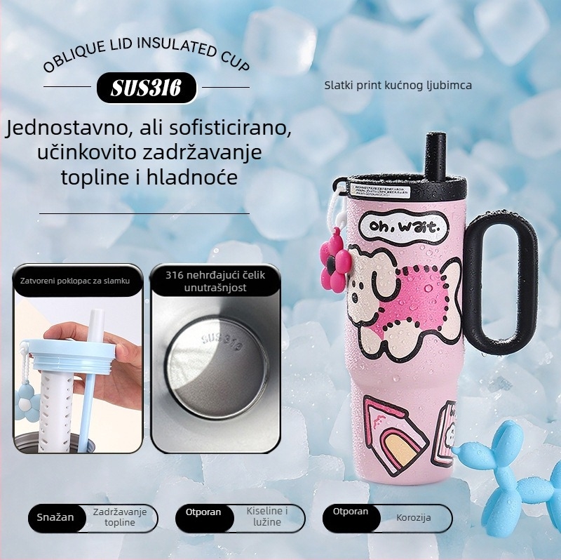Termos šalice velike kapacitete, unutarnje od 316 nerđajućeg čelika, slamka, za automobil, s držačem