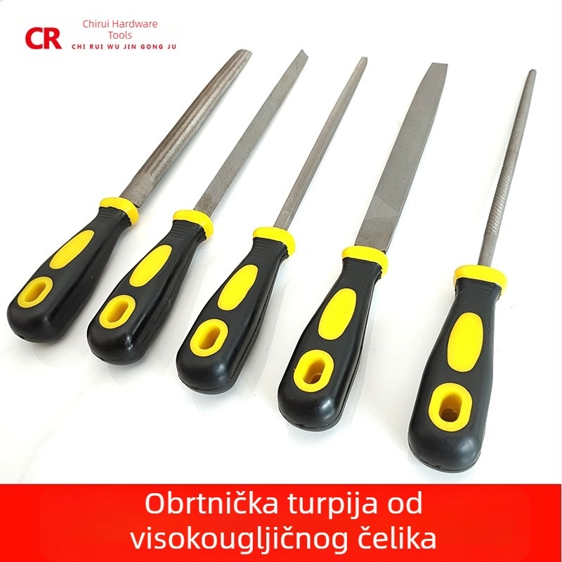Set metalnih fajlova s ravnim, polukružnim, trokutastim, kvadratnim i kružnim oblikom; veličine 6–12 inča; visoko ugljični čelik.