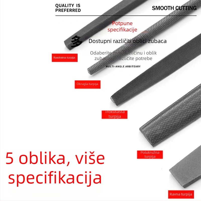 Set metalnih fajlova s ravnim, polukružnim, trokutastim, kvadratnim i kružnim oblikom; veličine 6–12 inča; visoko ugljični čelik.