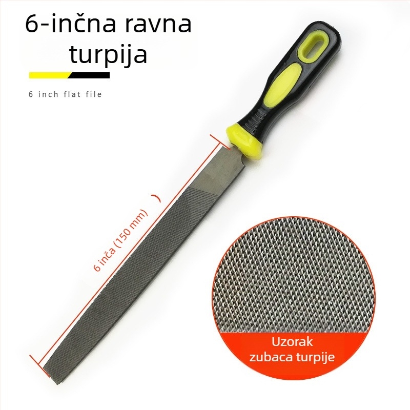 Set metalnih fajlova s ravnim, polukružnim, trokutastim, kvadratnim i kružnim oblikom; veličine 6–12 inča; visoko ugljični čelik.