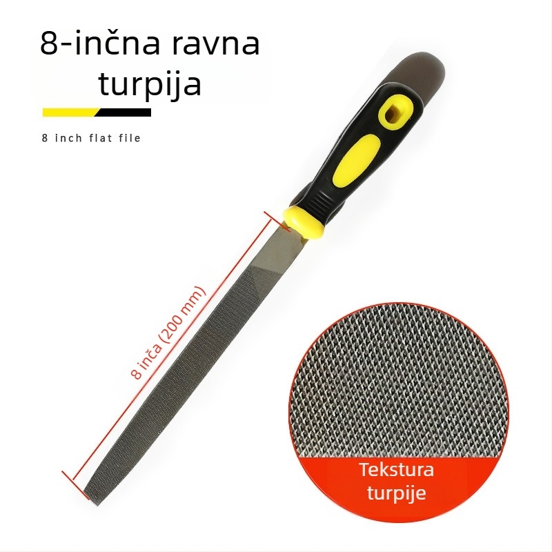 Set metalnih fajlova s ravnim, polukružnim, trokutastim, kvadratnim i kružnim oblikom; veličine 6–12 inča; visoko ugljični čelik.
