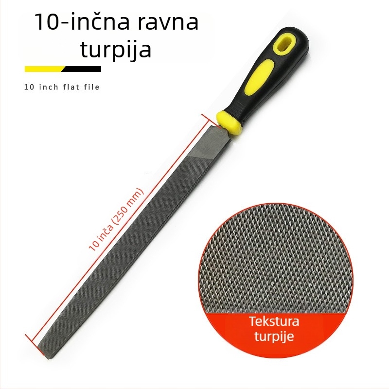 Set metalnih fajlova s ravnim, polukružnim, trokutastim, kvadratnim i kružnim oblikom; veličine 6–12 inča; visoko ugljični čelik.
