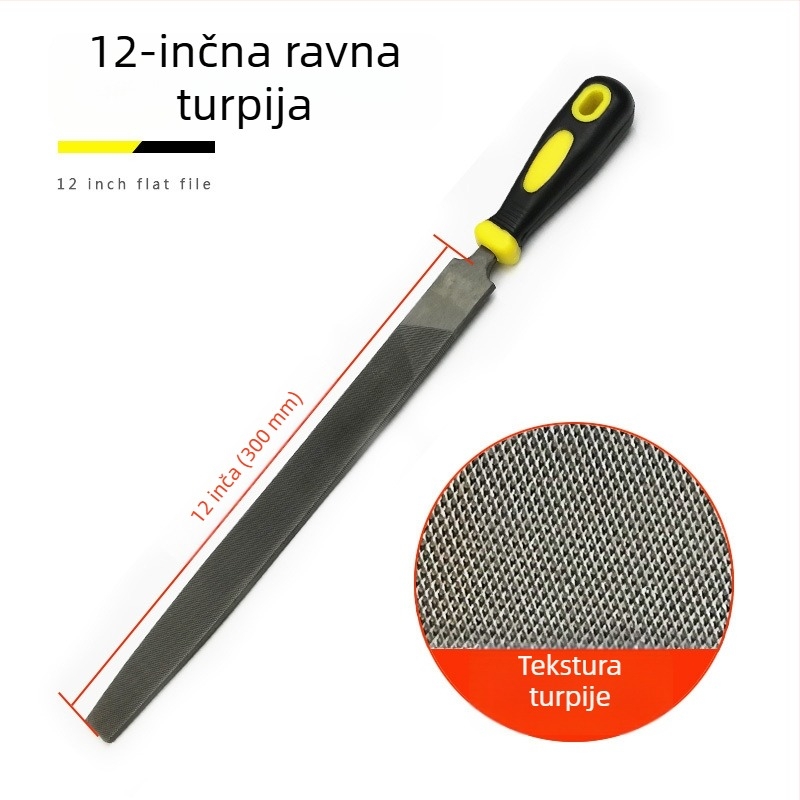 Set metalnih fajlova s ravnim, polukružnim, trokutastim, kvadratnim i kružnim oblikom; veličine 6–12 inča; visoko ugljični čelik.