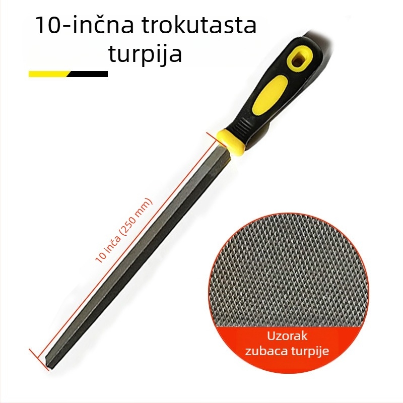 Set metalnih fajlova s ravnim, polukružnim, trokutastim, kvadratnim i kružnim oblikom; veličine 6–12 inča; visoko ugljični čelik.