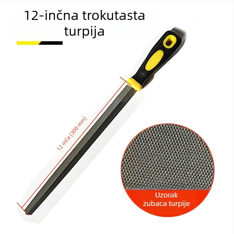 Set metalnih fajlova s ravnim, polukružnim, trokutastim, kvadratnim i kružnim oblikom; veličine 6–12 inča; visoko ugljični čelik.