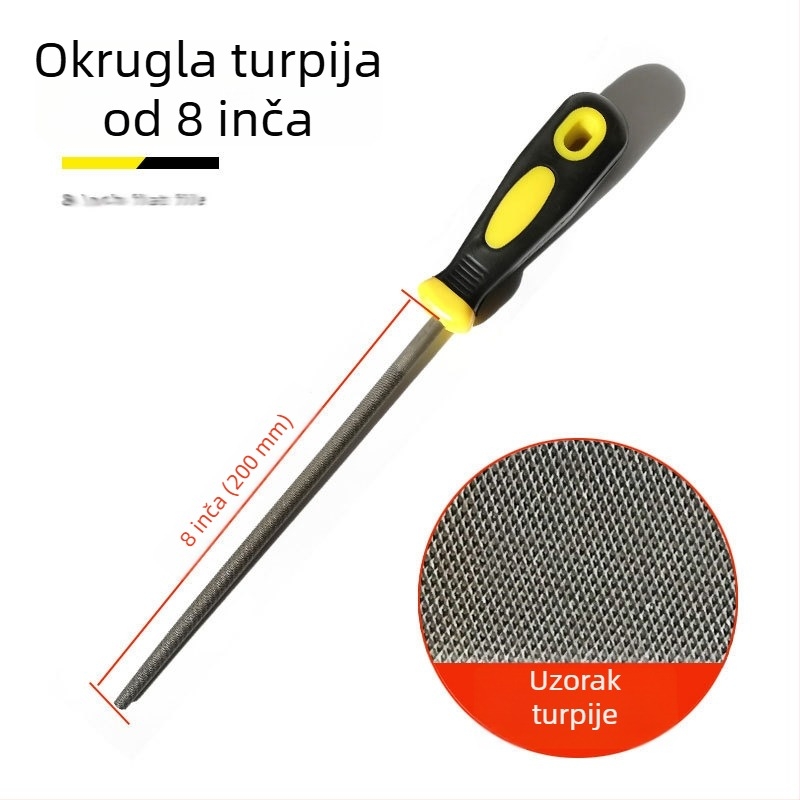 Set metalnih fajlova s ravnim, polukružnim, trokutastim, kvadratnim i kružnim oblikom; veličine 6–12 inča; visoko ugljični čelik.
