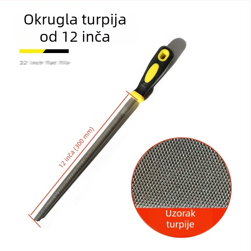 Set metalnih fajlova s ravnim, polukružnim, trokutastim, kvadratnim i kružnim oblikom; veličine 6–12 inča; visoko ugljični čelik.